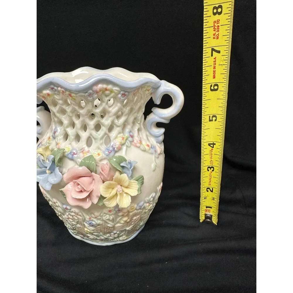 Floral Lattice Vase Cream Pastel Applied Porcelain 3D Flowers Scrolled Victorian